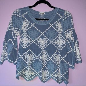 Anthropologie Kindred S Embroidered Boho Blouse Blue Top